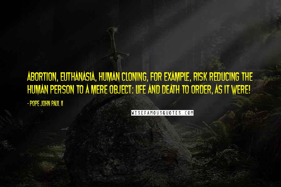 Pope John Paul II Quotes: Abortion, euthanasia, human cloning, for example, risk reducing the human person to a mere object: life and death to order, as it were!