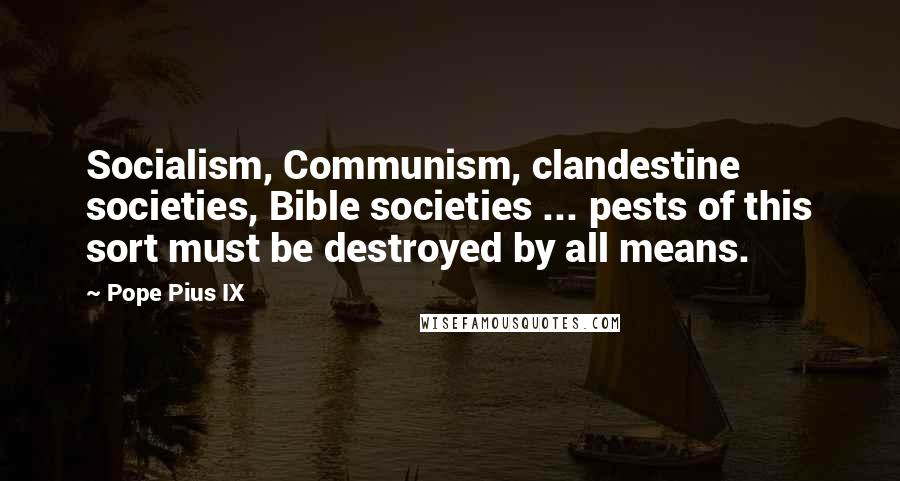 Pope Pius IX Quotes: Socialism, Communism, clandestine societies, Bible societies ... pests of this sort must be destroyed by all means.