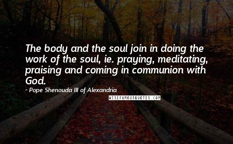 Pope Shenouda III Of Alexandria Quotes: The body and the soul join in doing the work of the soul, ie. praying, meditating, praising and coming in communion with God.