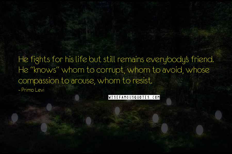 Primo Levi Quotes: He fights for his life but still remains everybody's friend. He "knows" whom to corrupt, whom to avoid, whose compassion to arouse, whom to resist.