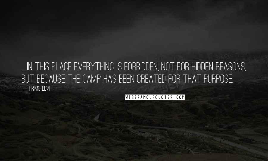 Primo Levi Quotes: ... in this place everything is forbidden, not for hidden reasons, but because the camp has been created for that purpose.