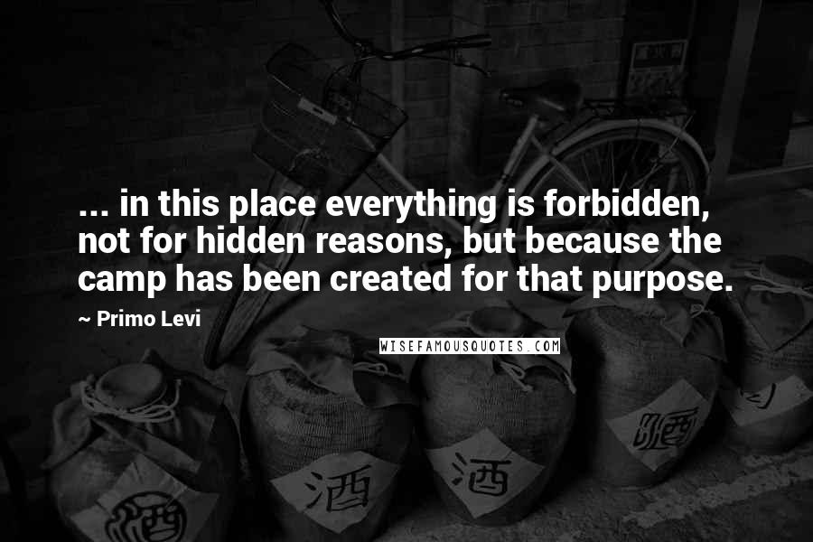 Primo Levi Quotes: ... in this place everything is forbidden, not for hidden reasons, but because the camp has been created for that purpose.