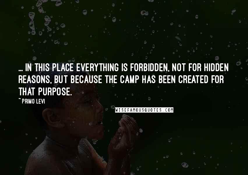 Primo Levi Quotes: ... in this place everything is forbidden, not for hidden reasons, but because the camp has been created for that purpose.