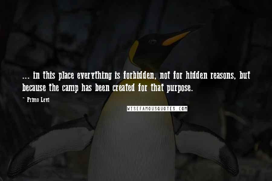 Primo Levi Quotes: ... in this place everything is forbidden, not for hidden reasons, but because the camp has been created for that purpose.