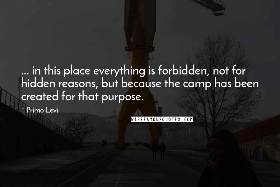 Primo Levi Quotes: ... in this place everything is forbidden, not for hidden reasons, but because the camp has been created for that purpose.