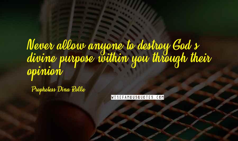 Prophetess Dina Rolle Quotes: Never allow anyone to destroy God's divine purpose within you through their opinion.