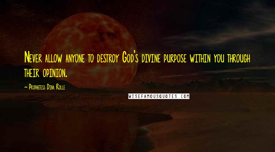 Prophetess Dina Rolle Quotes: Never allow anyone to destroy God's divine purpose within you through their opinion.