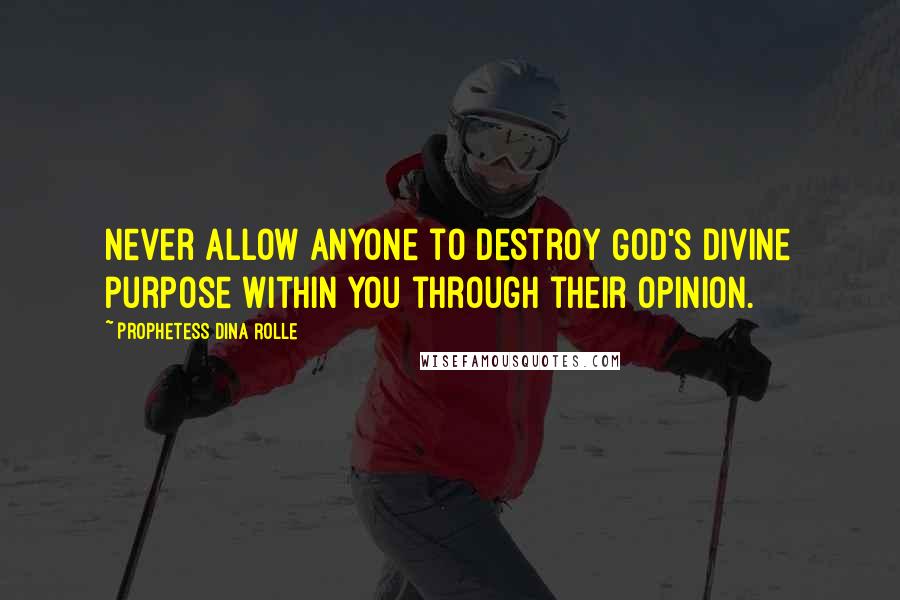 Prophetess Dina Rolle Quotes: Never allow anyone to destroy God's divine purpose within you through their opinion.