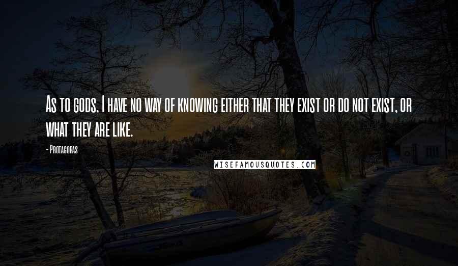 Protagoras Quotes: As to gods, I have no way of knowing either that they exist or do not exist, or what they are like.