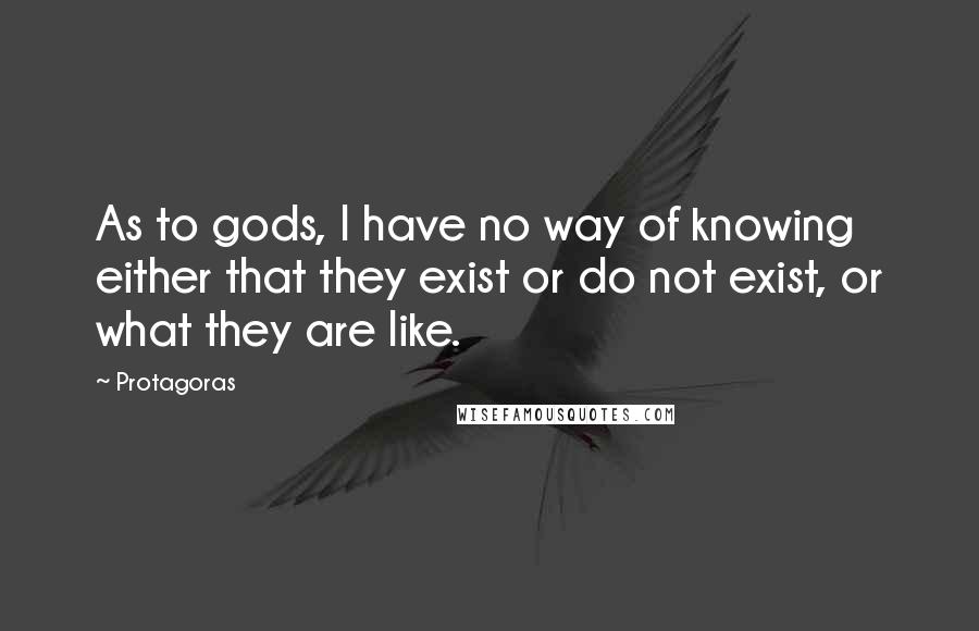 Protagoras Quotes: As to gods, I have no way of knowing either that they exist or do not exist, or what they are like.