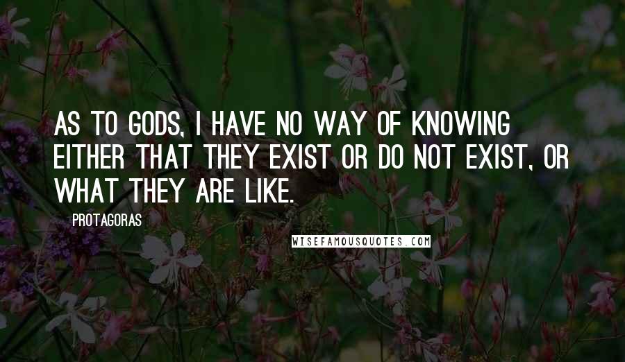 Protagoras Quotes: As to gods, I have no way of knowing either that they exist or do not exist, or what they are like.