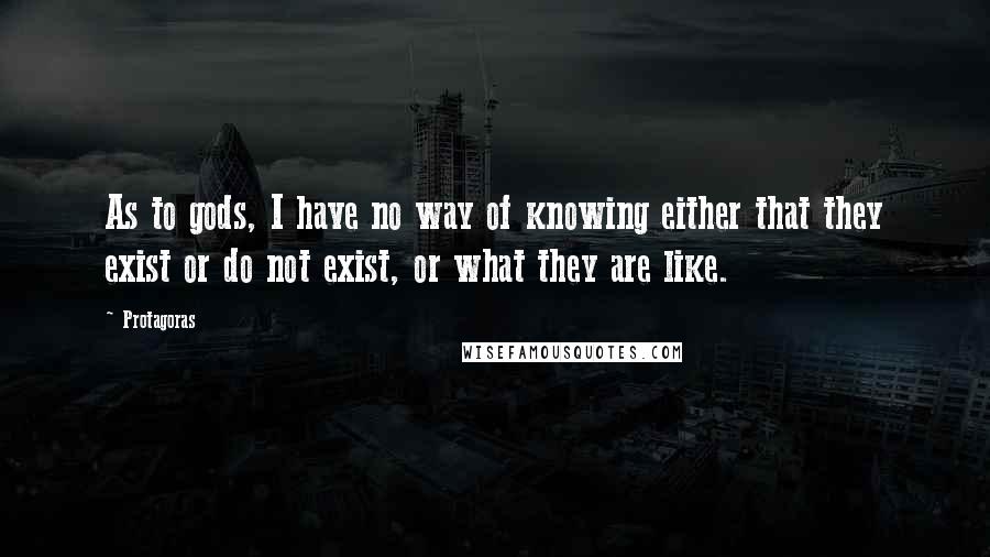 Protagoras Quotes: As to gods, I have no way of knowing either that they exist or do not exist, or what they are like.