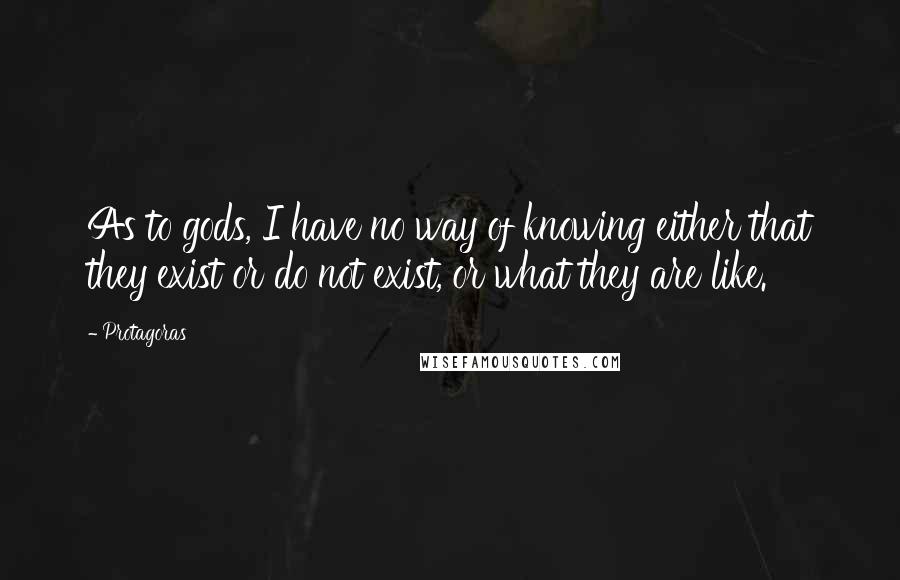 Protagoras Quotes: As to gods, I have no way of knowing either that they exist or do not exist, or what they are like.