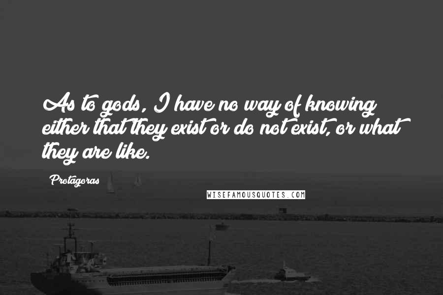 Protagoras Quotes: As to gods, I have no way of knowing either that they exist or do not exist, or what they are like.