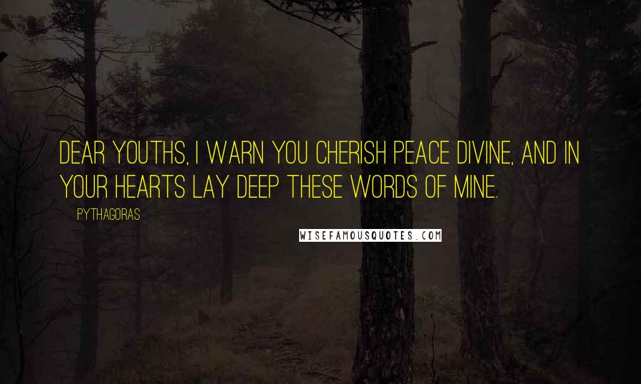 Pythagoras Quotes: Dear youths, I warn you cherish peace divine, And in your hearts lay deep these words of mine.