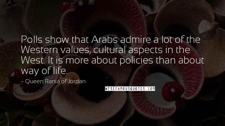 Queen Rania Of Jordan Quotes: Polls show that Arabs admire a lot of the Western values, cultural aspects in the West. It is more about policies than about way of life.