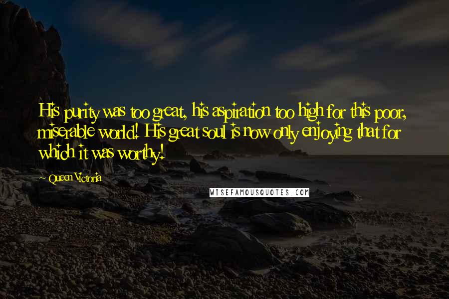 Queen Victoria Quotes: His purity was too great, his aspiration too high for this poor, miserable world! His great soul is now only enjoying that for which it was worthy!