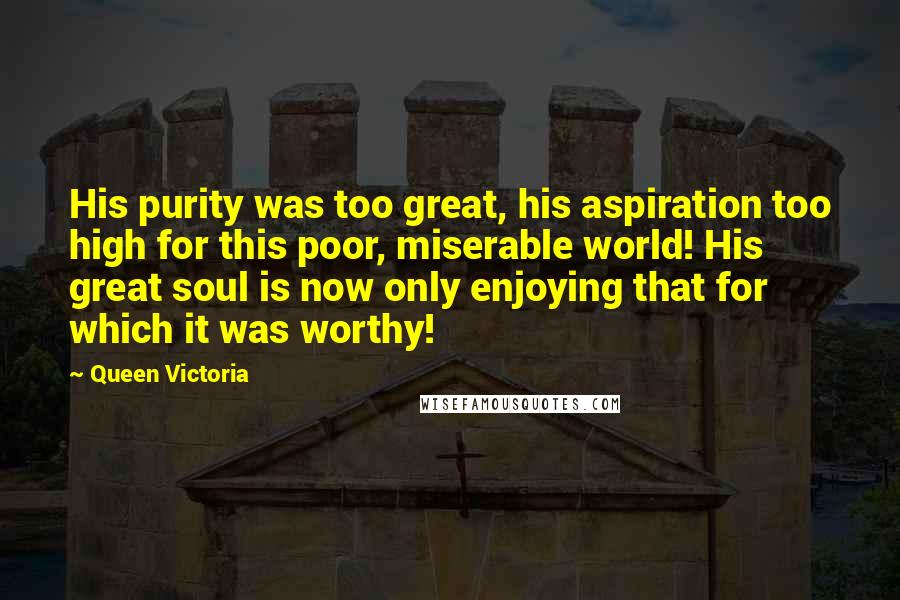 Queen Victoria Quotes: His purity was too great, his aspiration too high for this poor, miserable world! His great soul is now only enjoying that for which it was worthy!