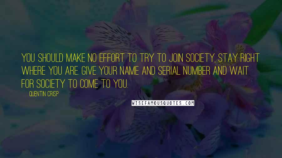 Quentin Crisp Quotes: You should make no effort to try to join society, stay right where you are. Give your name and serial number and wait for society to come to you.