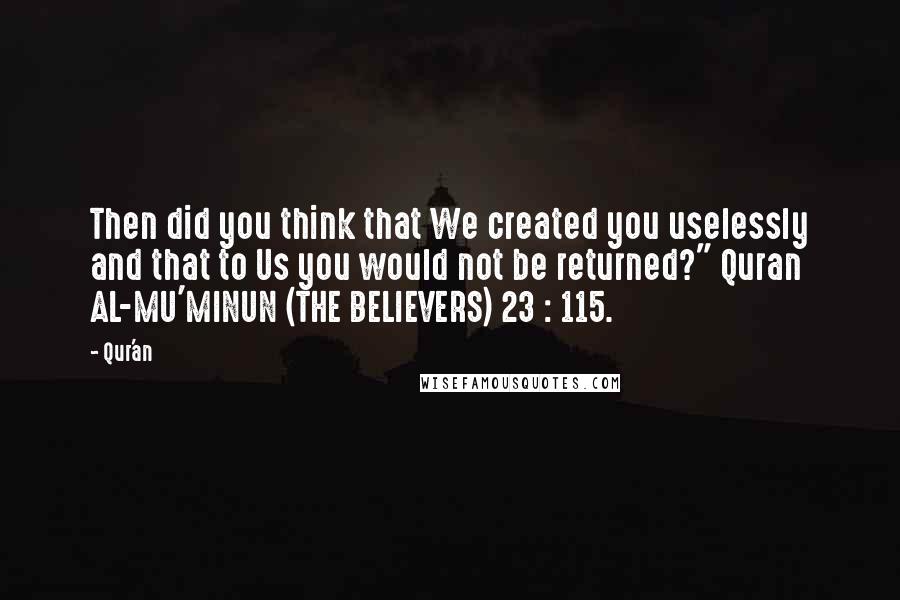 Qur'an Quotes: Then did you think that We created you uselessly and that to Us you would not be returned?" Quran AL-MU'MINUN (THE BELIEVERS) 23 : 115.