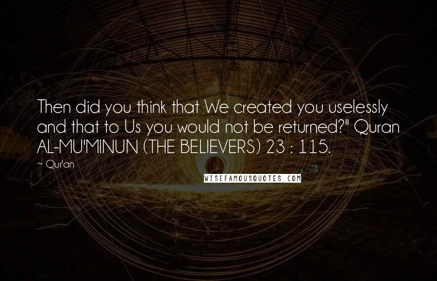 Qur'an Quotes: Then did you think that We created you uselessly and that to Us you would not be returned?" Quran AL-MU'MINUN (THE BELIEVERS) 23 : 115.