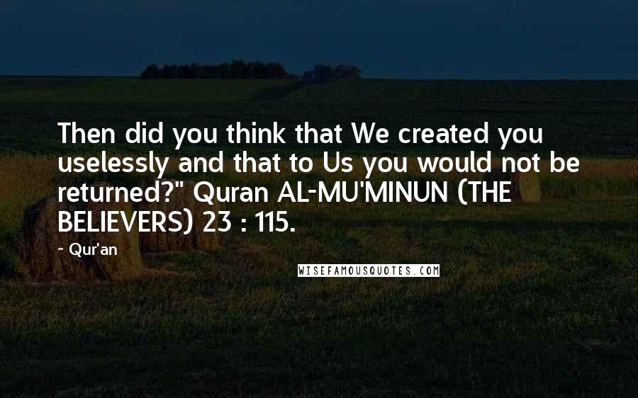 Qur'an Quotes: Then did you think that We created you uselessly and that to Us you would not be returned?" Quran AL-MU'MINUN (THE BELIEVERS) 23 : 115.