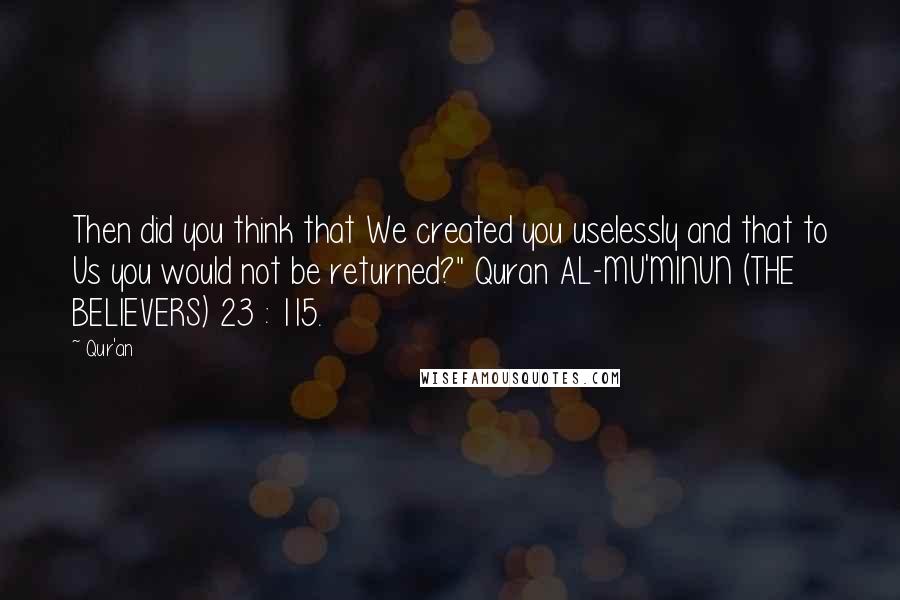 Qur'an Quotes: Then did you think that We created you uselessly and that to Us you would not be returned?" Quran AL-MU'MINUN (THE BELIEVERS) 23 : 115.