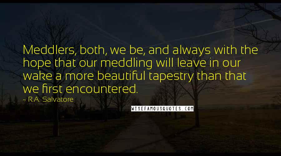 R.A. Salvatore Quotes: Meddlers, both, we be, and always with the hope that our meddling will leave in our wake a more beautiful tapestry than that we first encountered.