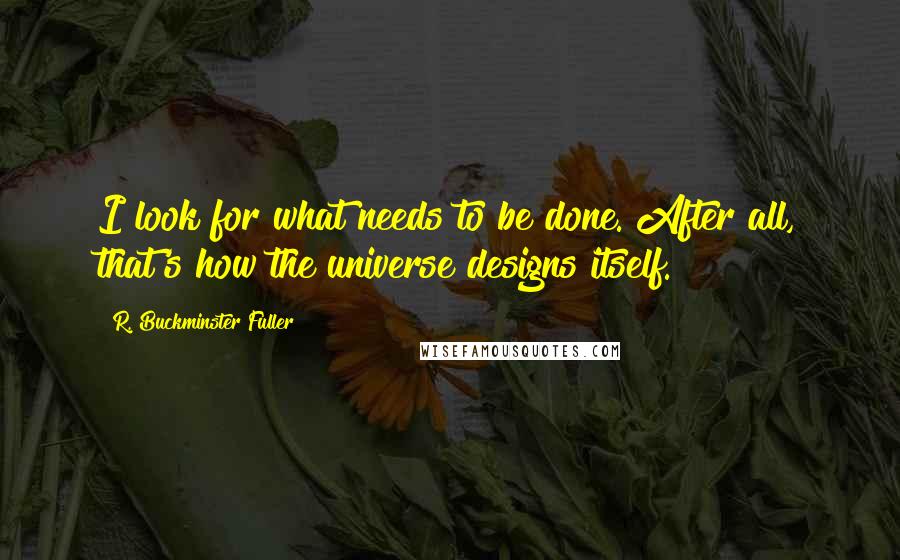 R. Buckminster Fuller Quotes: I look for what needs to be done. After all, that's how the universe designs itself.