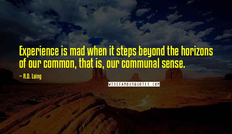 R.D. Laing Quotes: Experience is mad when it steps beyond the horizons of our common, that is, our communal sense.