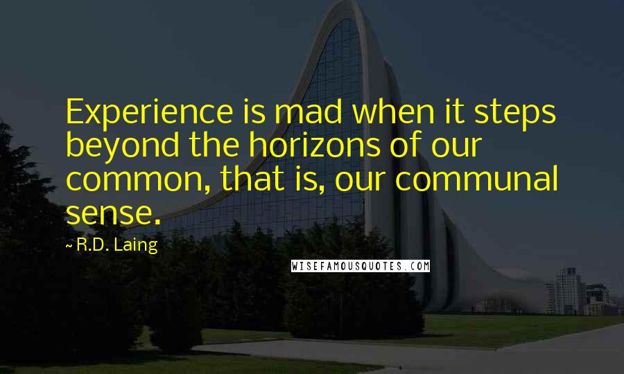 R.D. Laing Quotes: Experience is mad when it steps beyond the horizons of our common, that is, our communal sense.