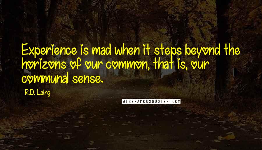 R.D. Laing Quotes: Experience is mad when it steps beyond the horizons of our common, that is, our communal sense.