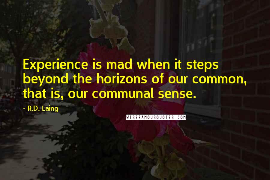 R.D. Laing Quotes: Experience is mad when it steps beyond the horizons of our common, that is, our communal sense.