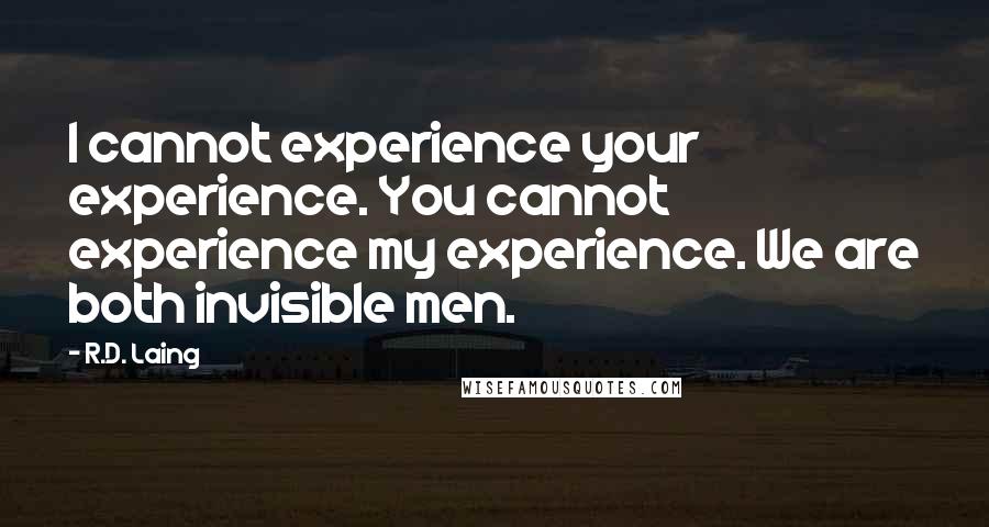 R.D. Laing Quotes: I cannot experience your experience. You cannot experience my experience. We are both invisible men.