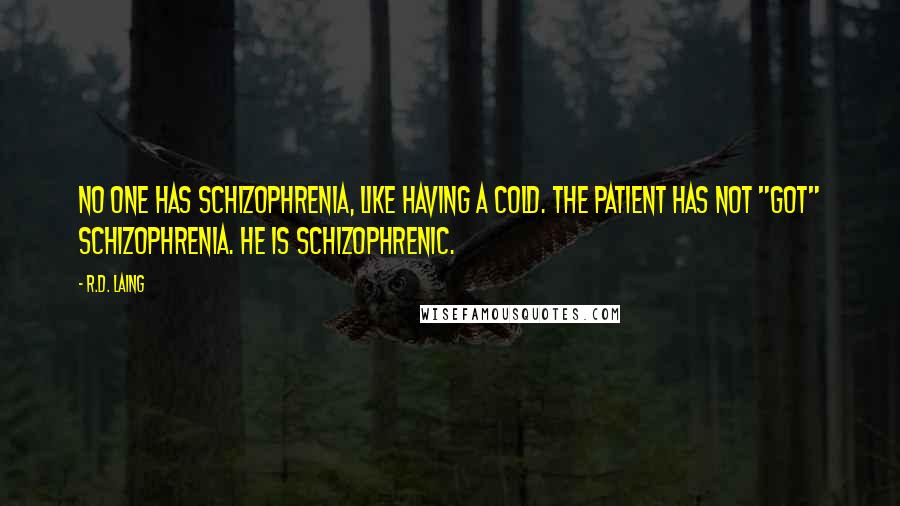R.D. Laing Quotes: No one has schizophrenia, like having a cold. The patient has not "got" schizophrenia. He is schizophrenic.