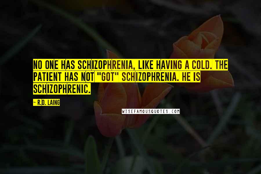 R.D. Laing Quotes: No one has schizophrenia, like having a cold. The patient has not "got" schizophrenia. He is schizophrenic.