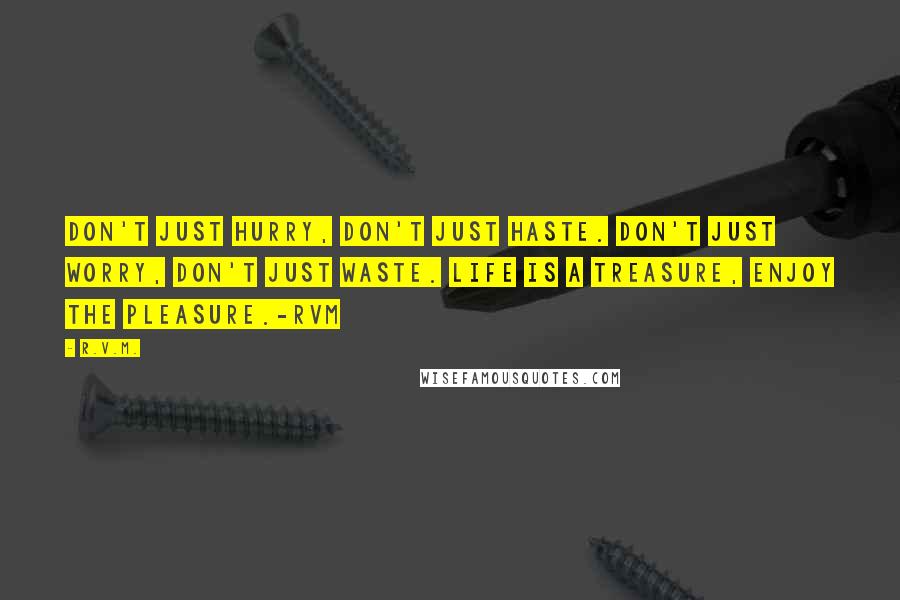 R.v.m. Quotes: Don't just Hurry, don't just Haste. Don't just Worry, don't just Waste. Life is a Treasure, Enjoy the Pleasure.-RVM
