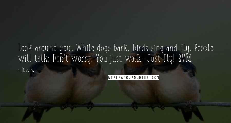 R.v.m. Quotes: Look around you. While dogs bark, birds sing and fly. People will talk; Don't worry. You just walk- Just Fly!-RVM