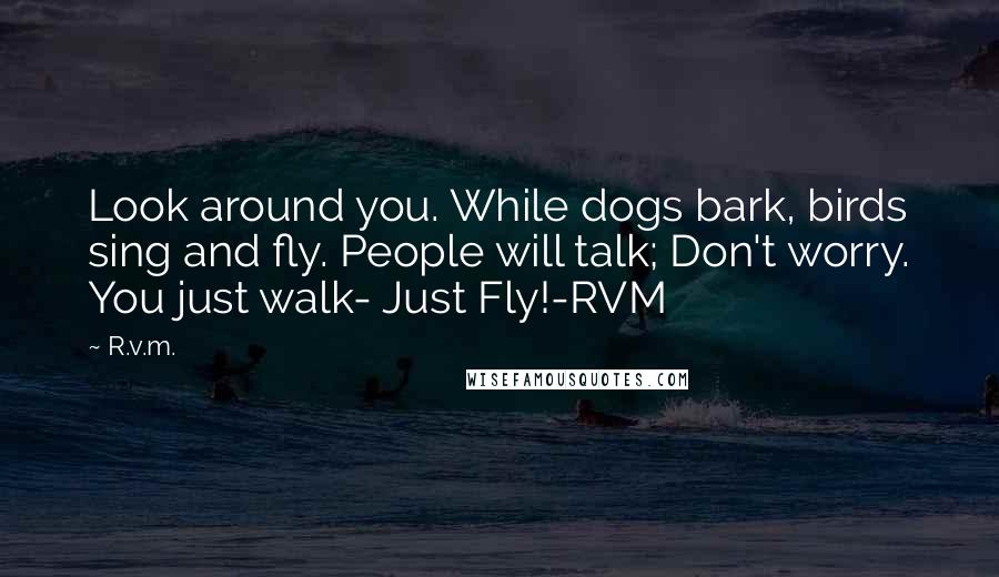 R.v.m. Quotes: Look around you. While dogs bark, birds sing and fly. People will talk; Don't worry. You just walk- Just Fly!-RVM