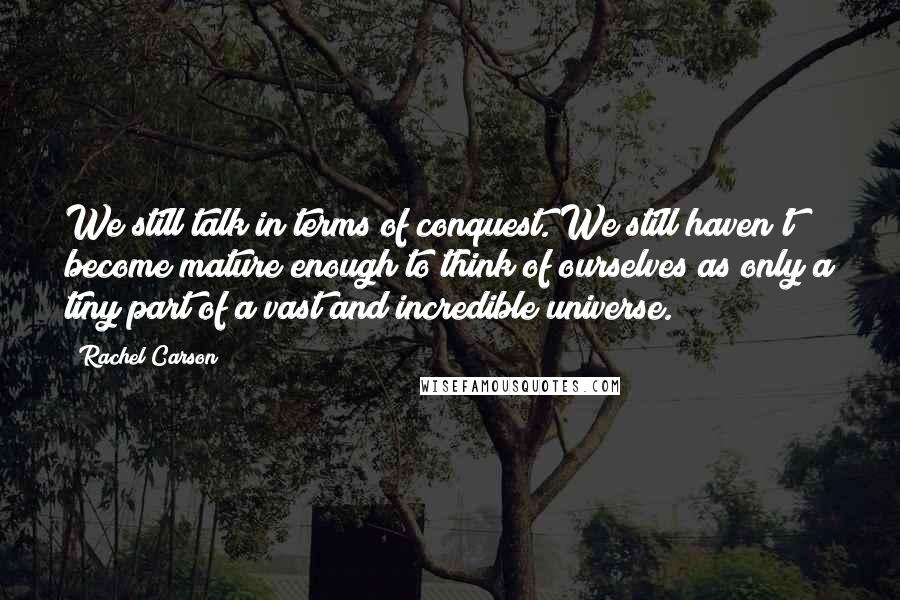 Rachel Carson Quotes: We still talk in terms of conquest. We still haven't become mature enough to think of ourselves as only a tiny part of a vast and incredible universe.