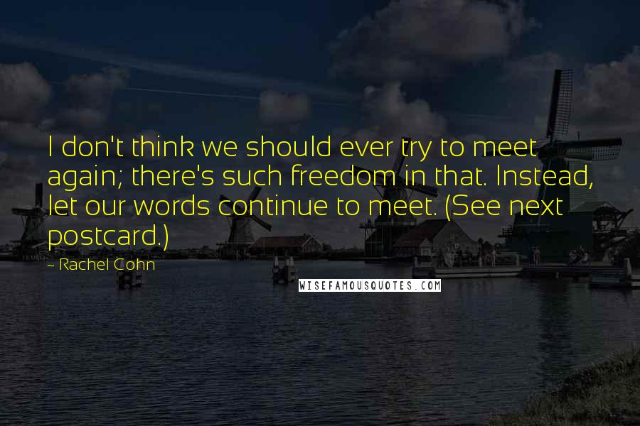 Rachel Cohn Quotes: I don't think we should ever try to meet again; there's such freedom in that. Instead, let our words continue to meet. (See next postcard.)