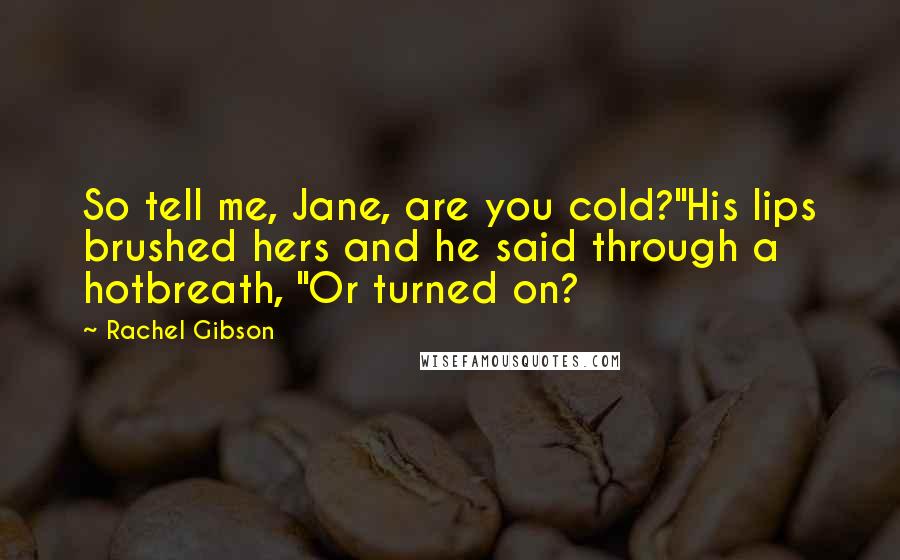 Rachel Gibson Quotes: So tell me, Jane, are you cold?"His lips brushed hers and he said through a hotbreath, "Or turned on?