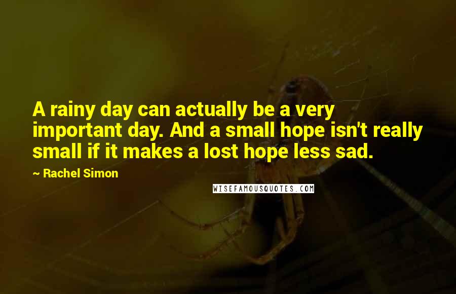 Rachel Simon Quotes: A rainy day can actually be a very important day. And a small hope isn't really small if it makes a lost hope less sad.