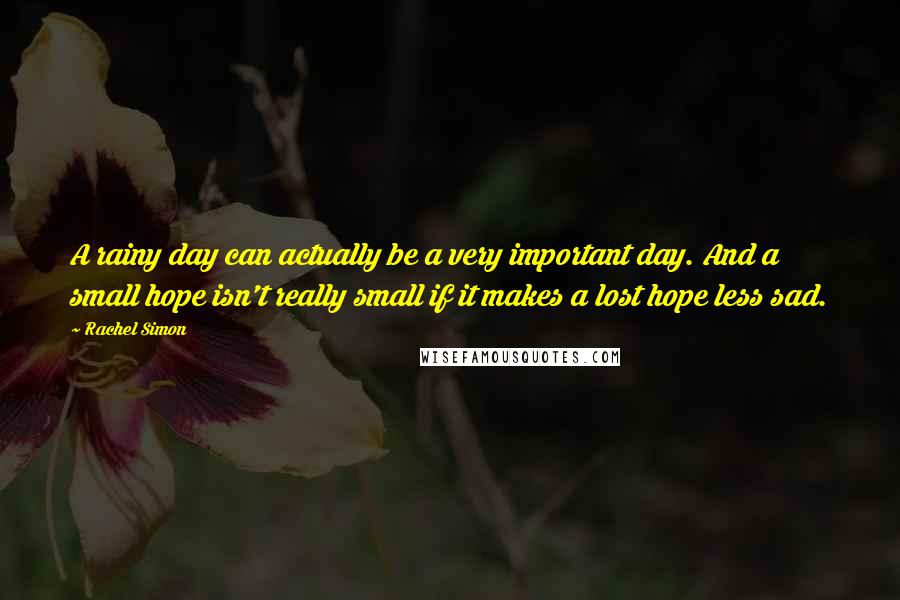 Rachel Simon Quotes: A rainy day can actually be a very important day. And a small hope isn't really small if it makes a lost hope less sad.