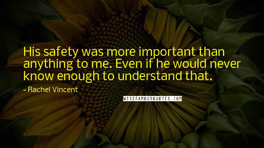 Rachel Vincent Quotes: His safety was more important than anything to me. Even if he would never know enough to understand that.