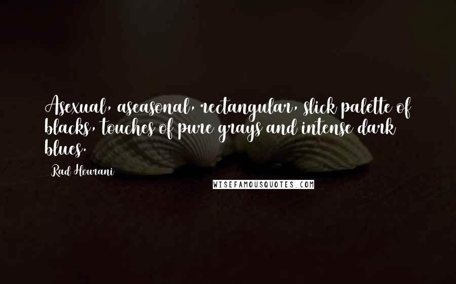 Rad Hourani Quotes: Asexual, aseasonal, rectangular, slick palette of blacks, touches of pure grays and intense dark blues.