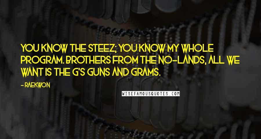 Raekwon Quotes: You know the steez; you know my whole program. Brothers from the No-Lands, all we want is the G's guns and grams.