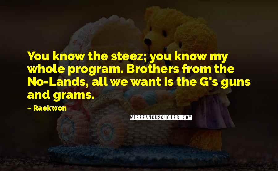 Raekwon Quotes: You know the steez; you know my whole program. Brothers from the No-Lands, all we want is the G's guns and grams.