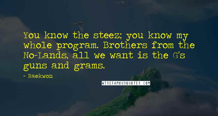Raekwon Quotes: You know the steez; you know my whole program. Brothers from the No-Lands, all we want is the G's guns and grams.