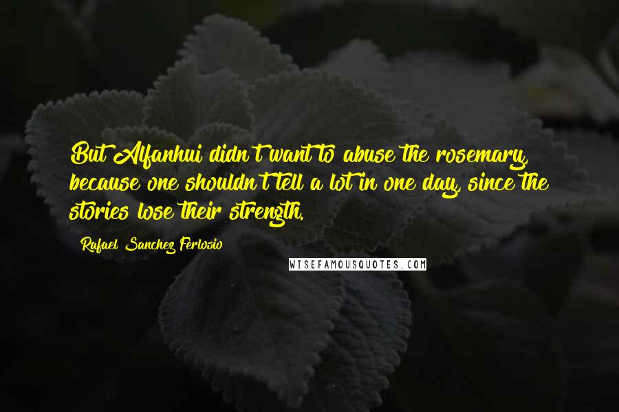 Rafael Sanchez Ferlosio Quotes: But Alfanhui didn't want to abuse the rosemary, because one shouldn't tell a lot in one day, since the stories lose their strength.